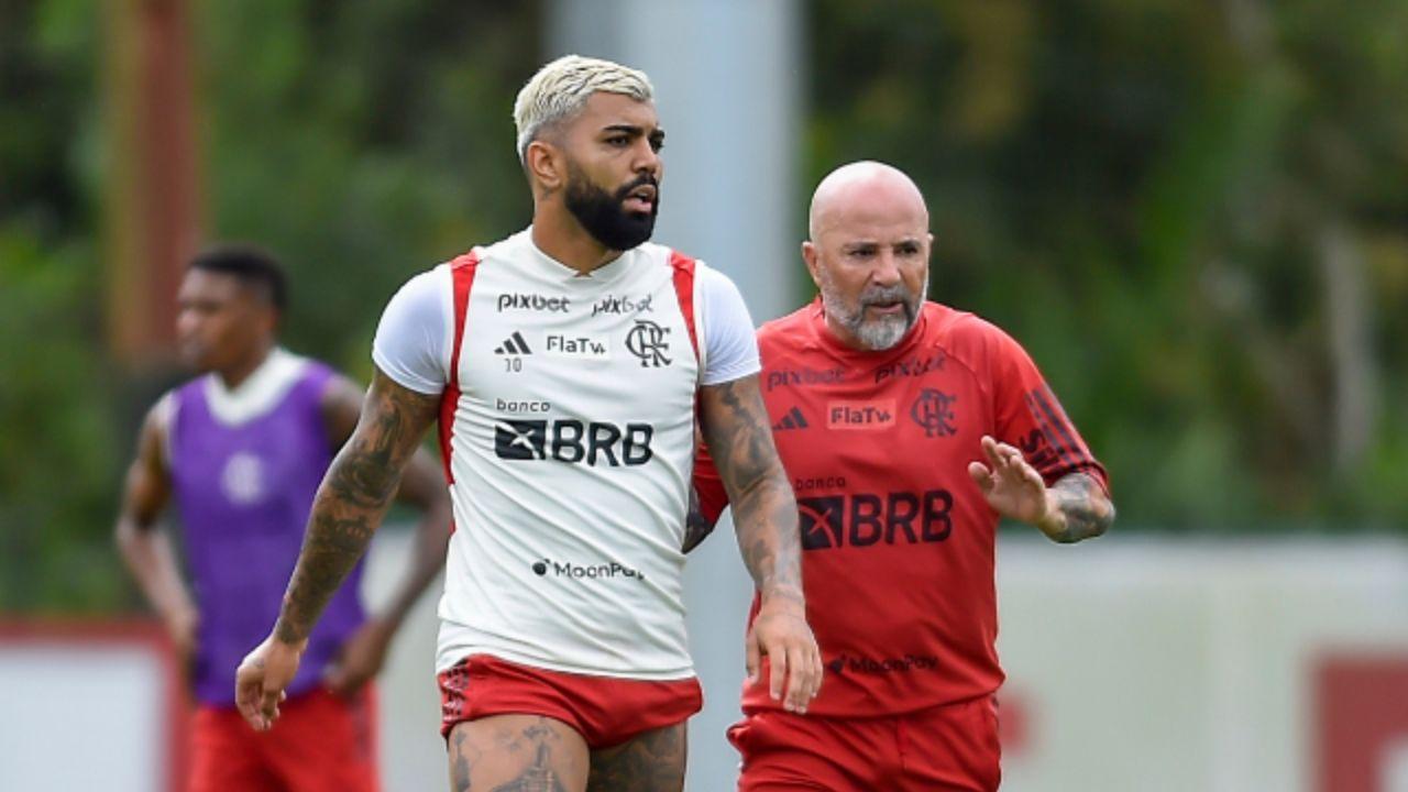 Gabriel Barbosa e Jorge Sampaoli, do Flamengo