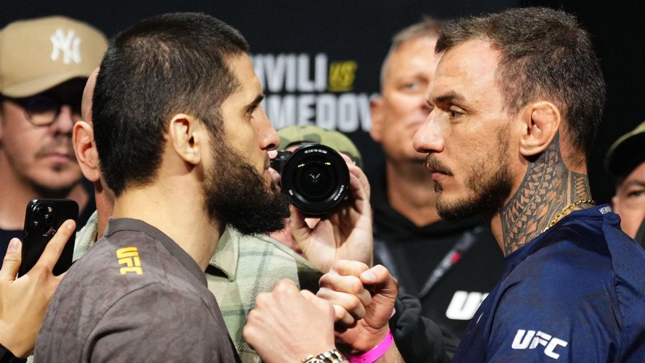 Islam Makhachev e Renato Moicano fazem a luta principal do UFC 311. Foto: Divulgação/UFC