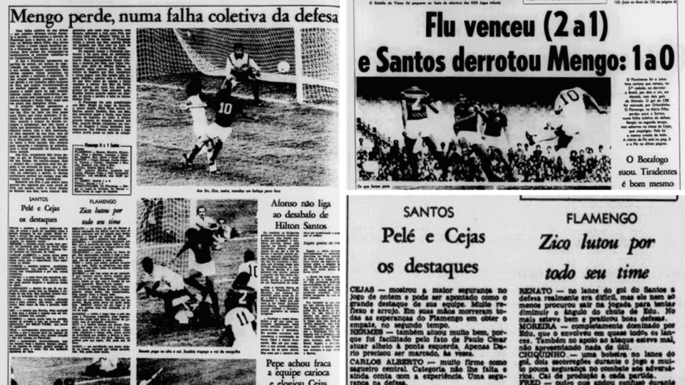 Jornal dos Sports destacava as boas atuações do consagrado Pelé e do jovem Zico no duelo entre Flamengo x Santos. Foto: Arquivo/Jornal dos Sports