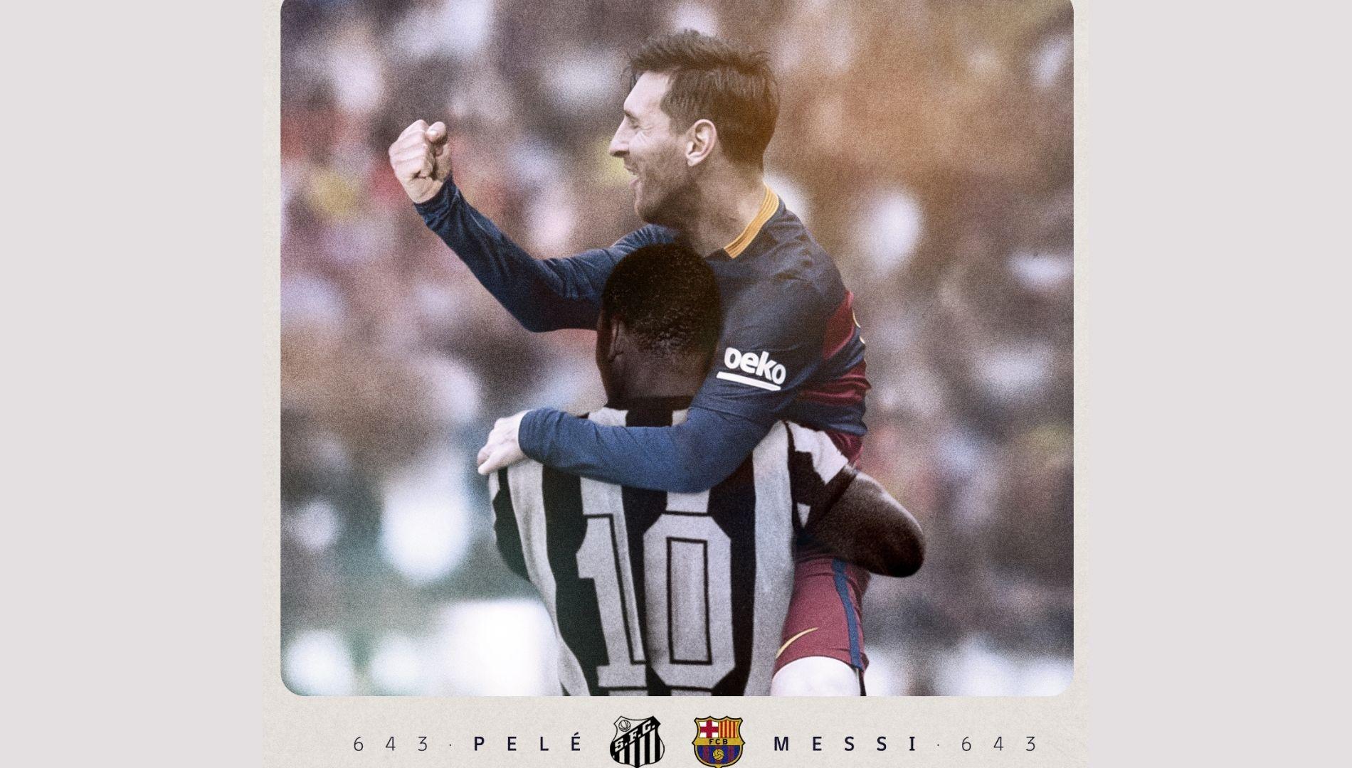 Imagem publicada pelo Barcelona junta Pelé e Messi, recordistas de gols por um mesmo clube em jogos oficiais.
