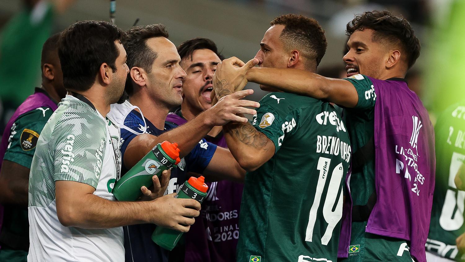 Jogadores do Palmeiras comemoram o gol de Breno Lopes.