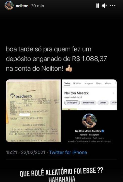 Postagem de Neilton, do Coritiba, sobre o depósito errado. Foto: Reprodução/Instagram