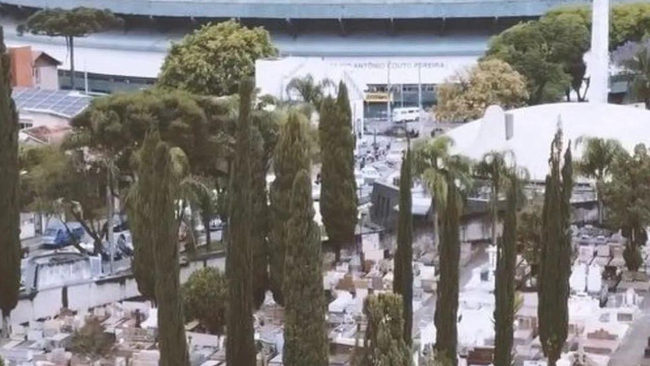 Cemitério ao lado do Couto Pereira. Imagem retirada do vídeo do Athletico, que foi excluído logo depois.