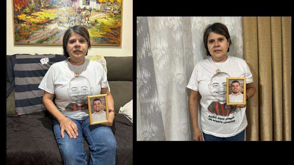A mãe Solange Scaramussa, com porta retrato e camisa especial com homenagem ao primogênito