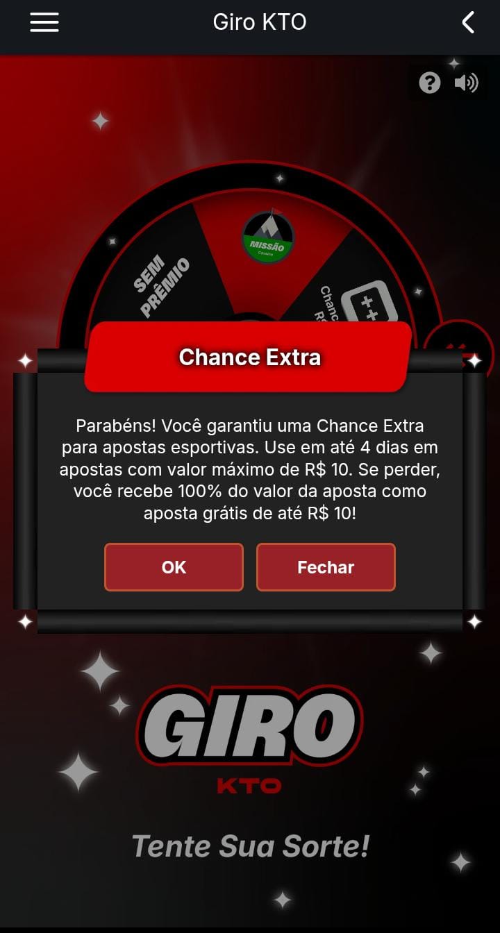 Prêmio de Chance Extra de R$10 à frente da roda premiada da oferta de Giro da KTO