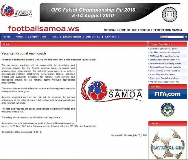 Seleção de Samoa põe anúncio na rede para contratar técnico