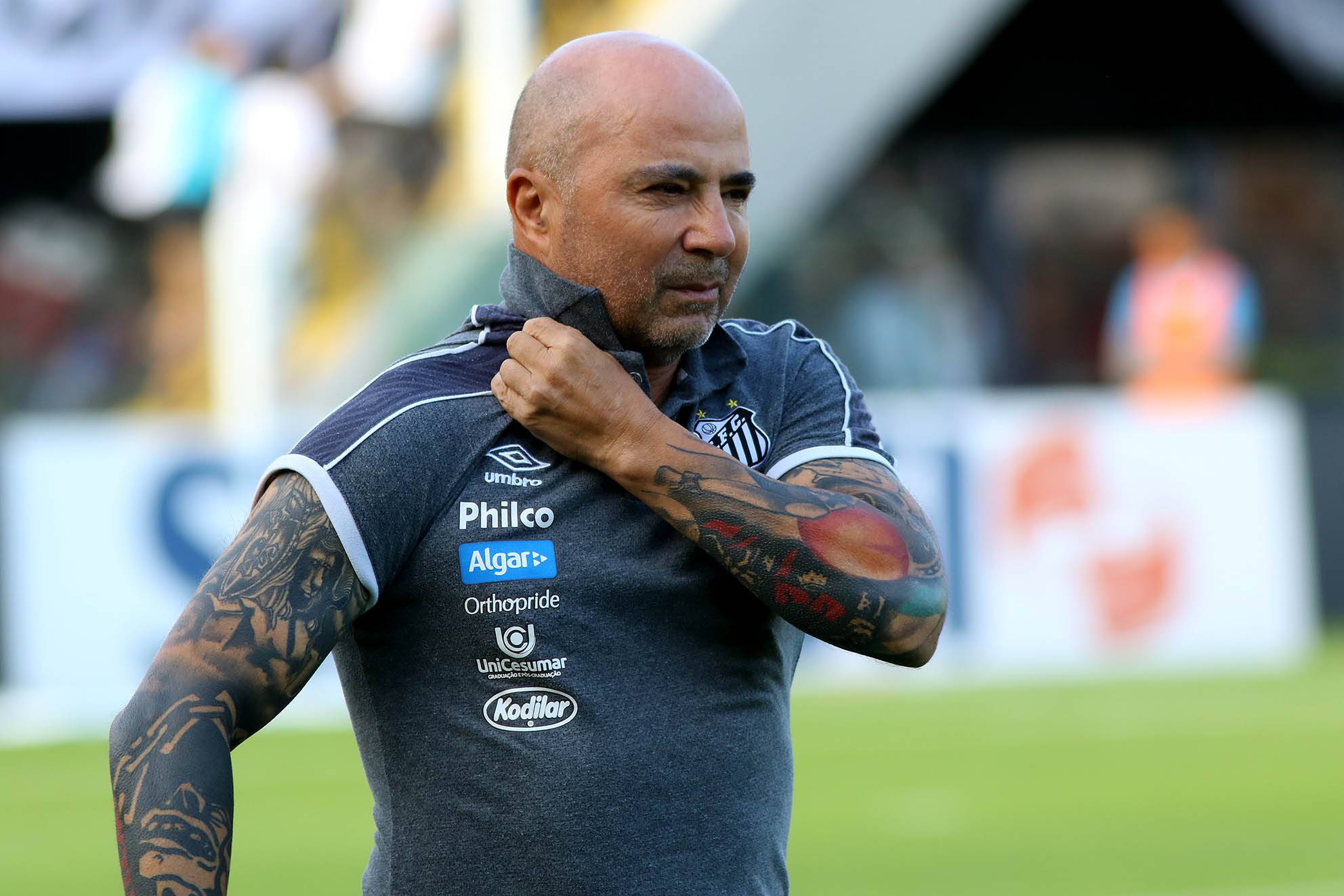 O técnico Jorge Sampaoli, do Santos, na partida contra o Avaí, válida pela 12ª rodada do Campeonato Brasileiro.