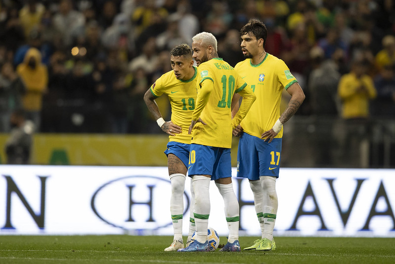 Jogadores da seleção brasileira, Raphinha, Neymar e Lucas Paquetá