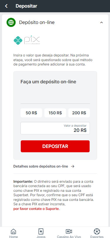 Página de Depósito da Superbet