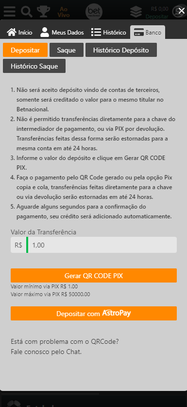 Página de Depósito da Betnacional