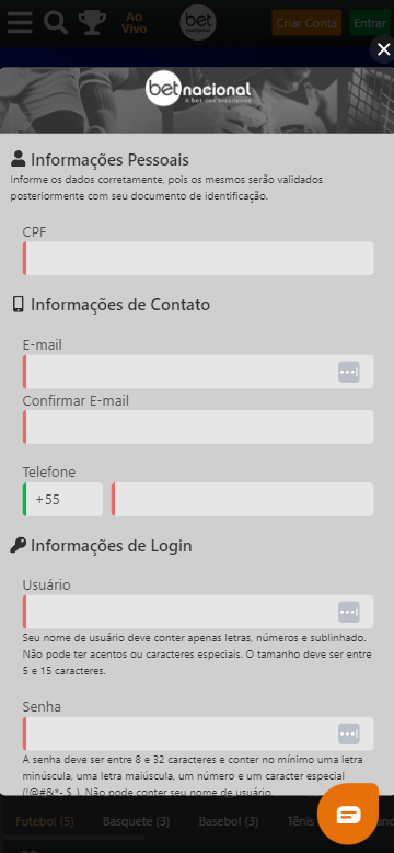 Formulário de Cadastro da Betnacional