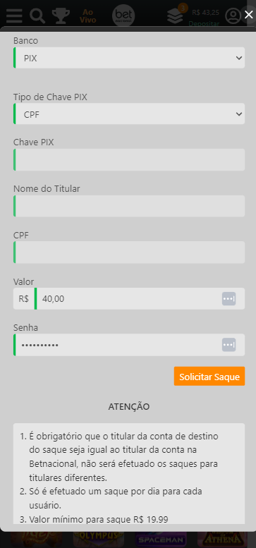 Página de Saques da Betnacional
