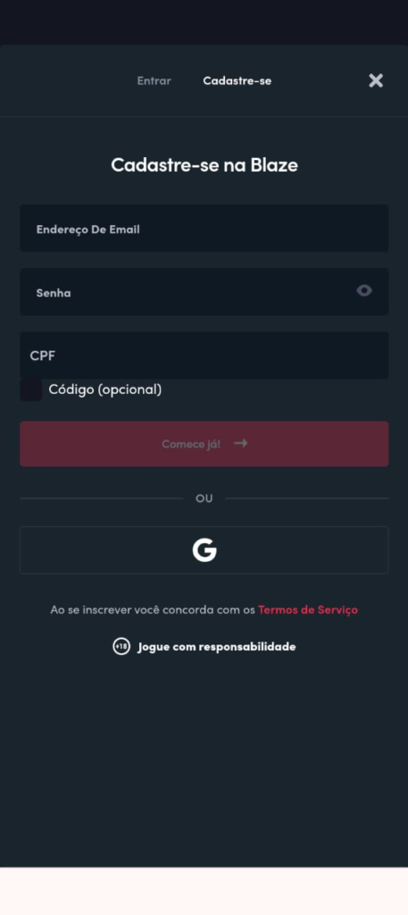 Captura de tela da Blaze com a tela de cadastro do site.