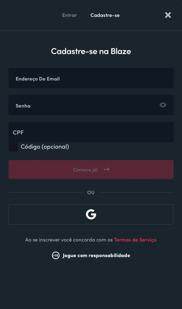 Captura de tela da Blaze, com a tela de cadastro do site