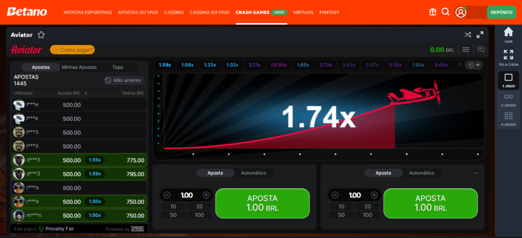 Tela do jogo Aviator na Betano