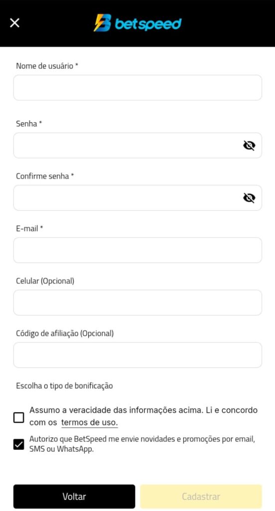 BetSpeed cadastro