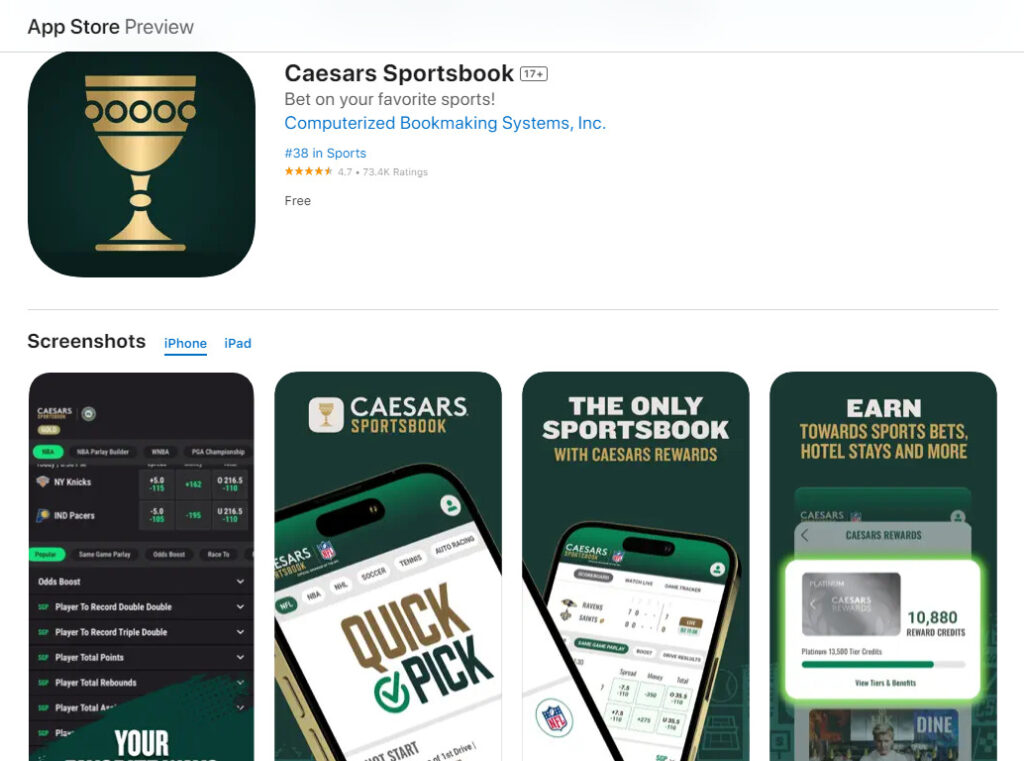 Página do app Caesars iOS