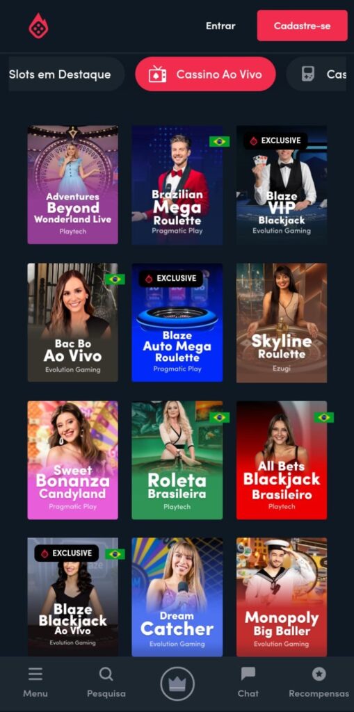 Tela de Cassino ao Vivo da Blaze