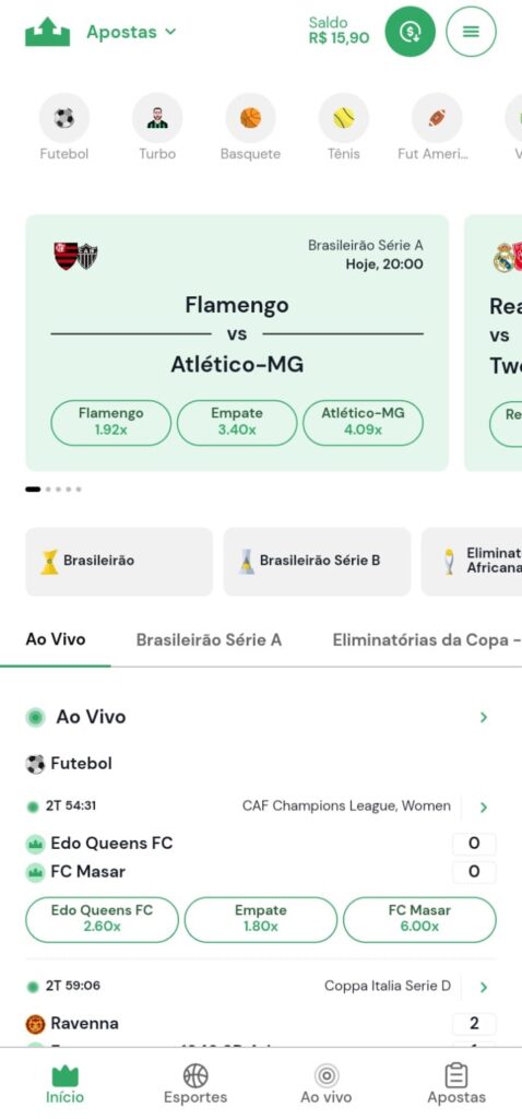 Tela do Rei do Pitaco exibindo os esportes
