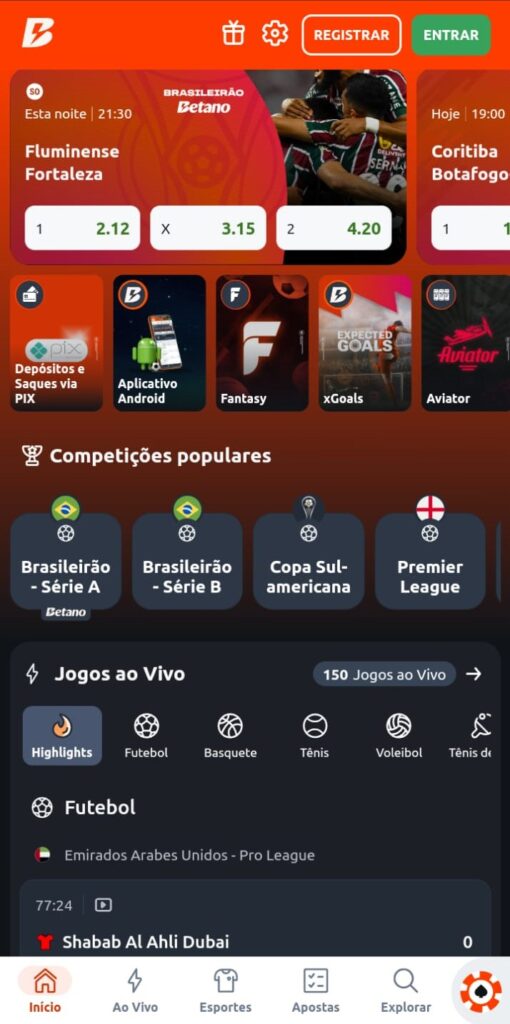 Página de apostas esportivas da Betano