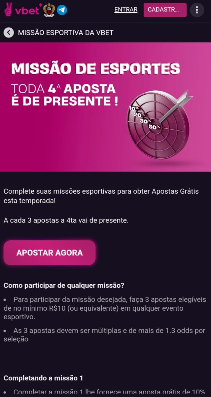 Tela da missão esportiva da Vbet