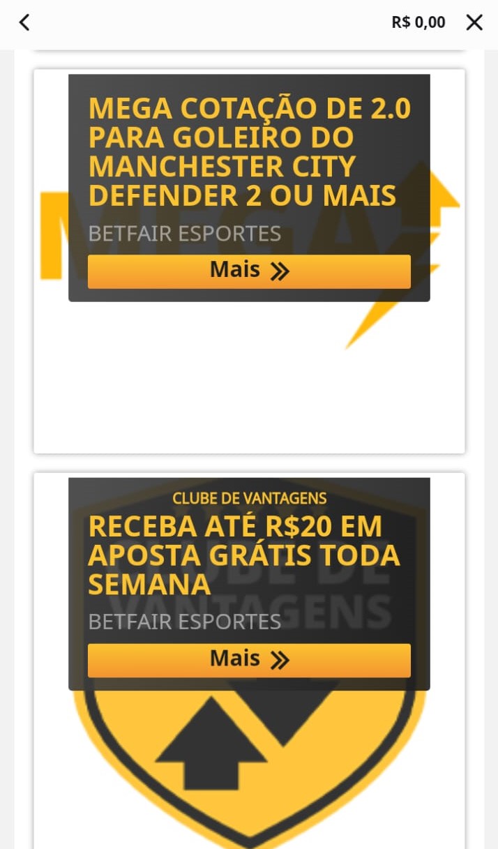 Tela da Betfair sobre depósitos e promoções