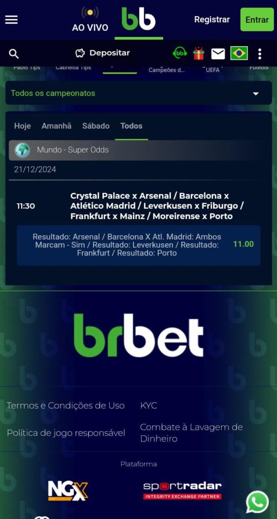 Tela da Brbet exibindo todos os campeonatos