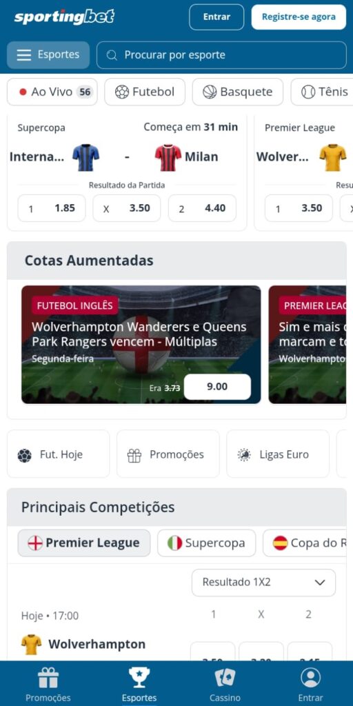 Captura de tela da Sportingbet com os principais esportes