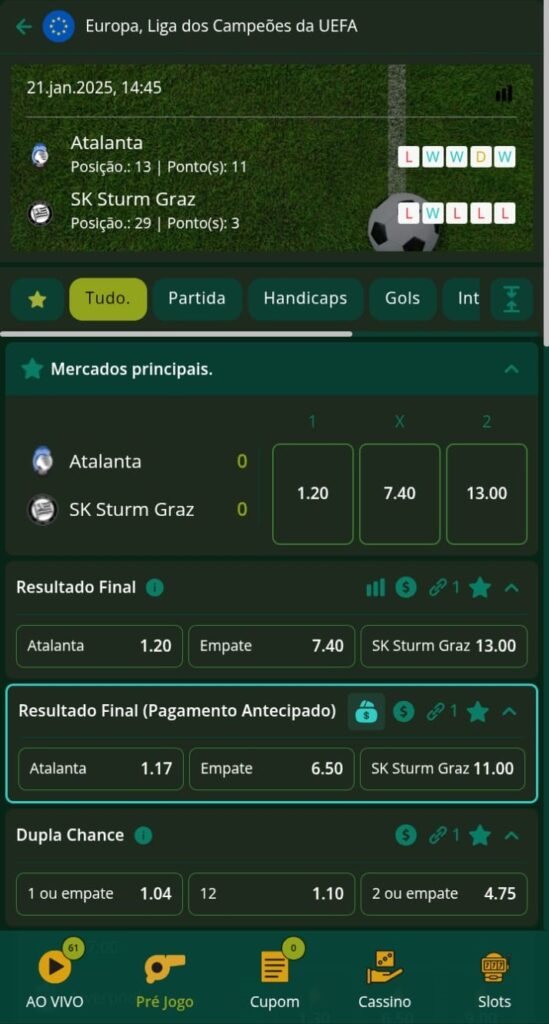Captura de tela da Segurobet com jogos da Liga dos campeões da UEFA