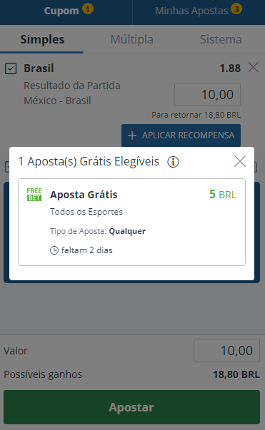 Tela da aposta grátis da sportingbet