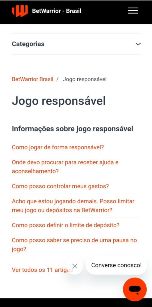 Tela da Betwarrior exibindo FAQ de jogo responsável
