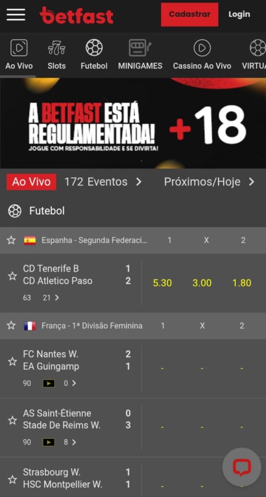 Tela da Betfast com os jogos de futebol ao vivo