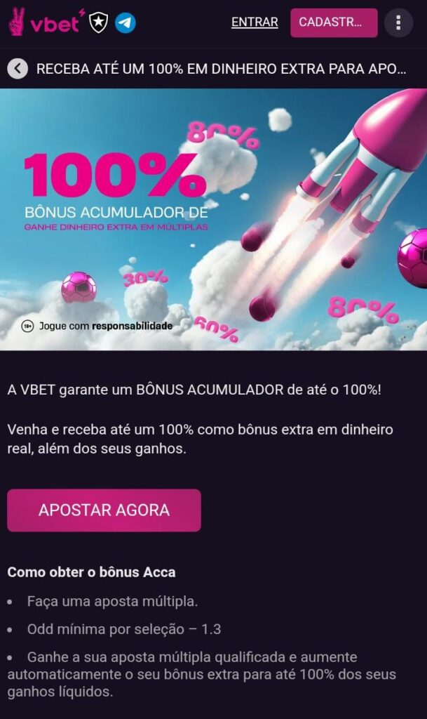 Tela da Vbet com bônus de até 100%