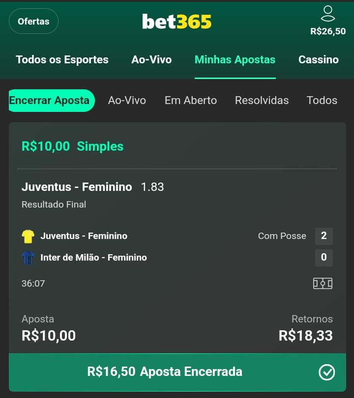 Captura de tela da bet365 com o encerramento da aposta