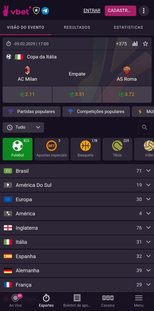 Tela do site VBET com os eventos de futebol
