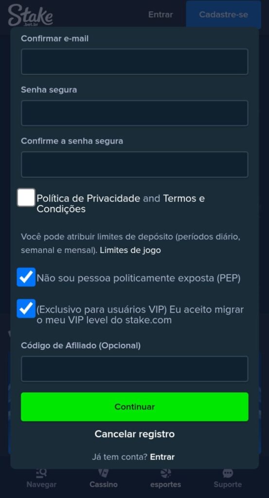 Captura de tela do cadastro no site da Stake
