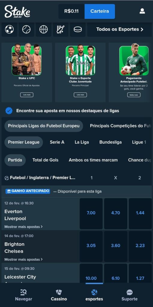 Captura de tela do site Stake com esportes