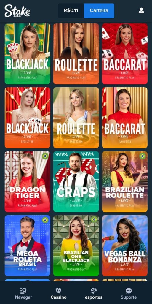 Captura de tela do site Stake com a área de Cassino ao vivo