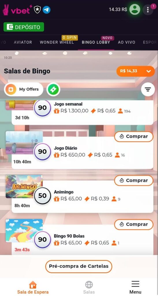 captura de tela da Vbet com as salas de bingo