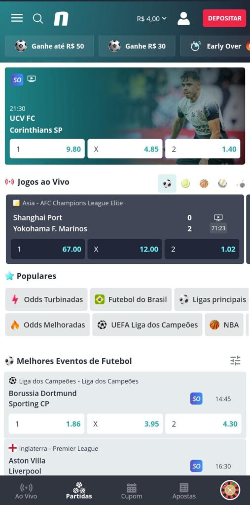 Captura de tela da Pagina de esportes da Novibet