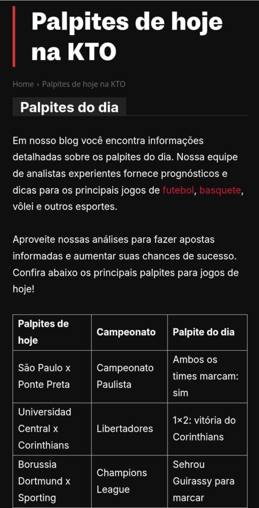 Captura de tela com Dicas de palpites do blog da KTO