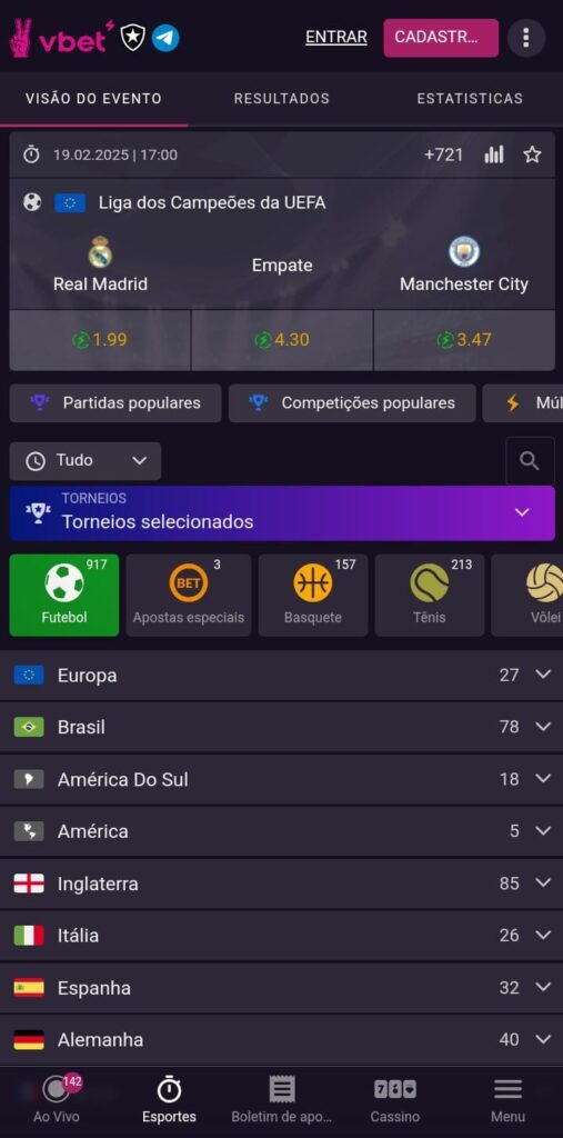 Captura de tela da Pagina de esportes da Vbet