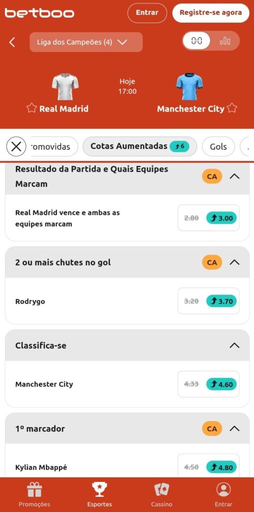 Captura de tela com as cotas aumentadas da Betboo