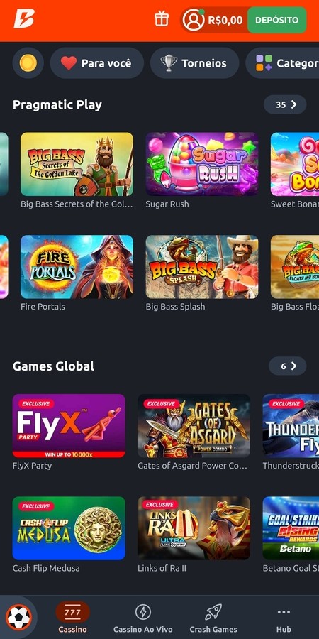 Tela inicial da Betano com slots com aposta de 10 centavos