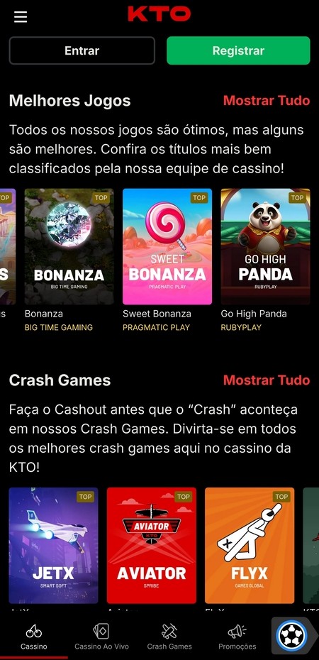 Tela inicial da KTO