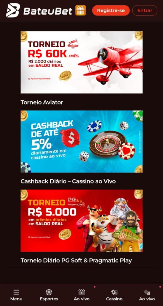 Página de promoções da Bateubet