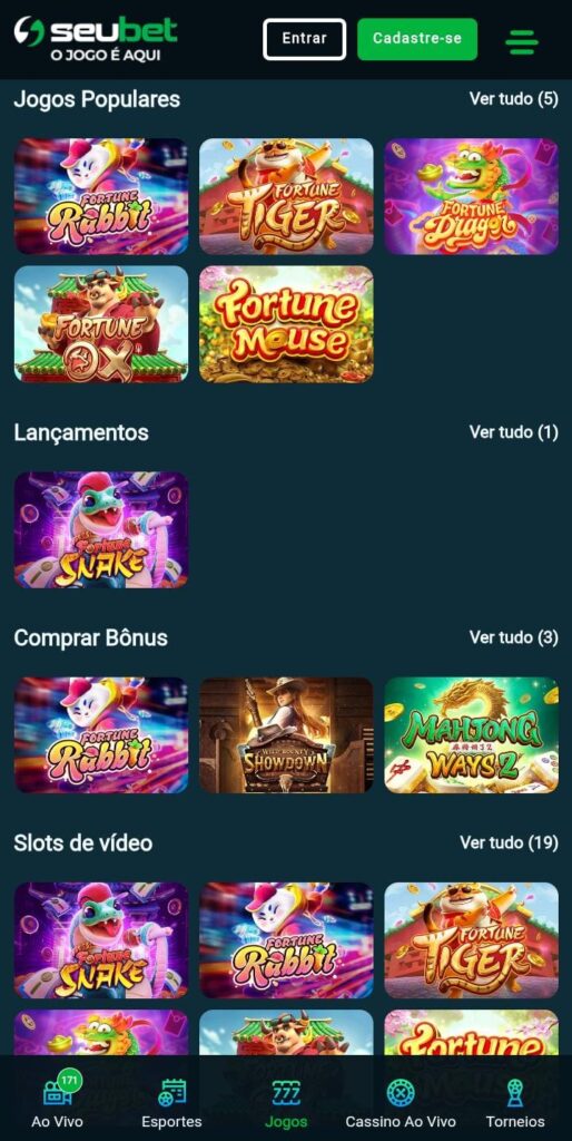 Página de jogos da PG Soft da Seubet