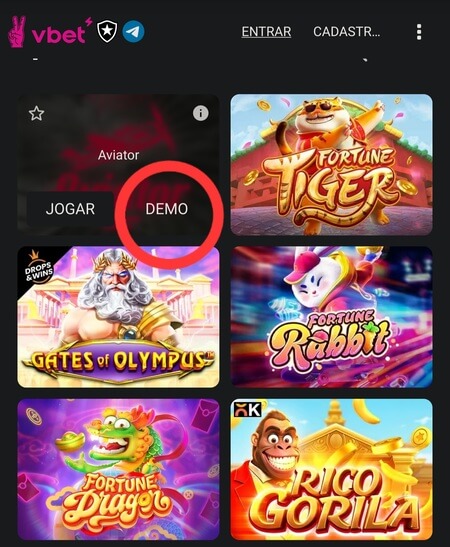 Botão da versão demo na VBet