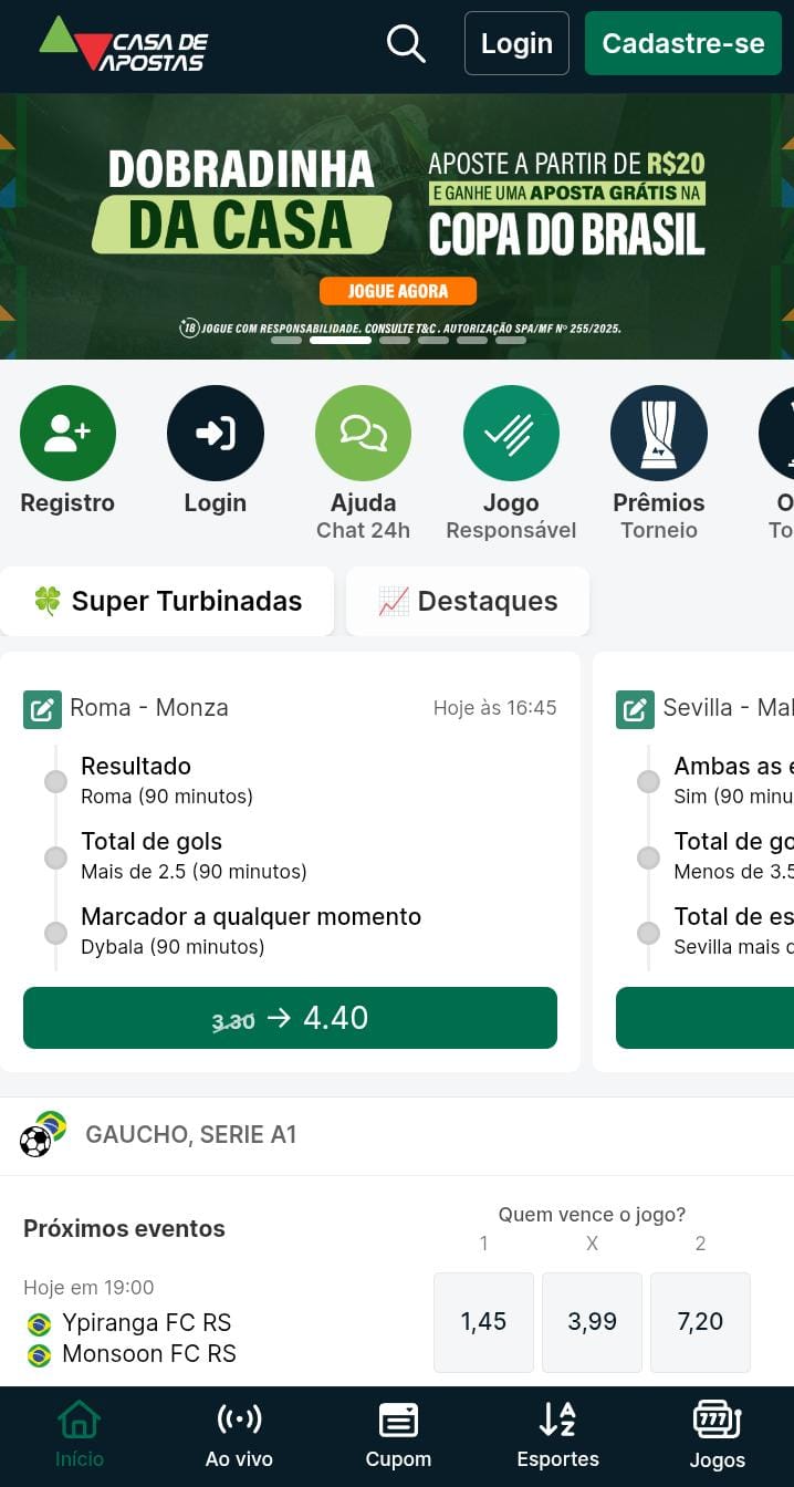Página Inicial do site Casa de Apostas