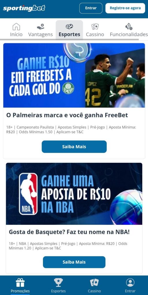 Página das promoções de apostas grátis Sportingbet